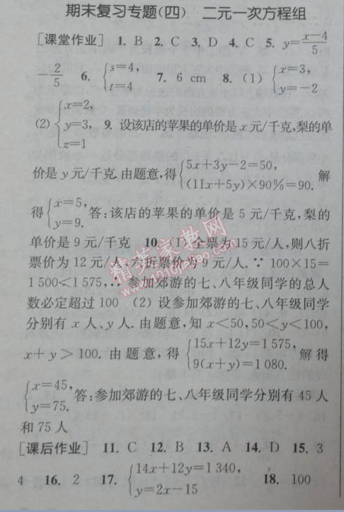 2014年通城學(xué)典課時作業(yè)本七年級數(shù)學(xué)下冊人教版 期末復(fù)習(xí)專題四