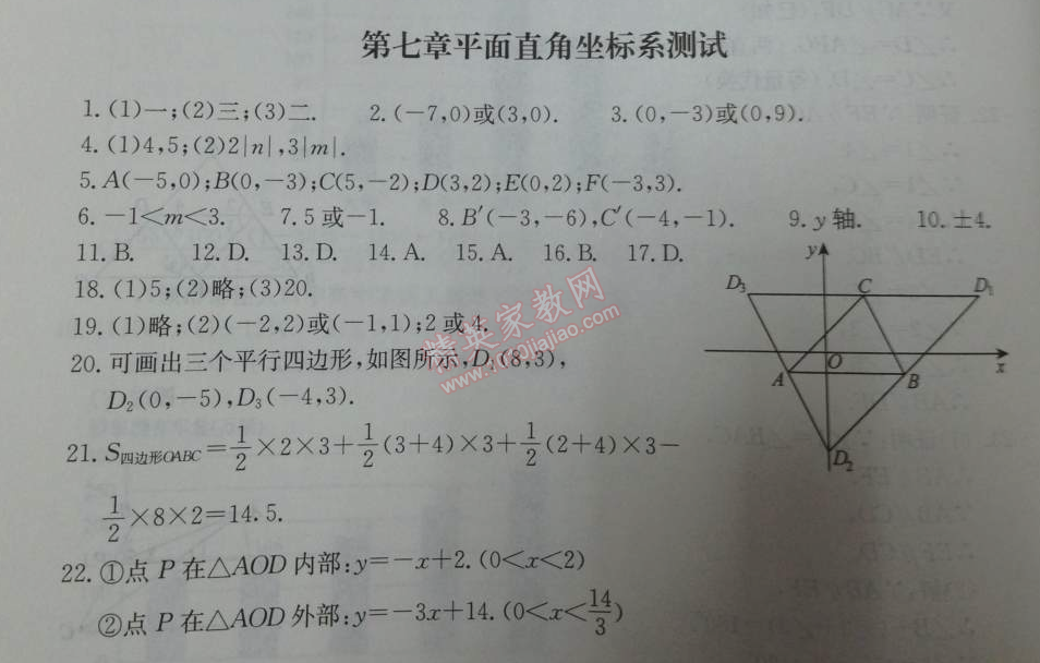 2014年学习探究诊断七年级数学下册人教版 第七章测试