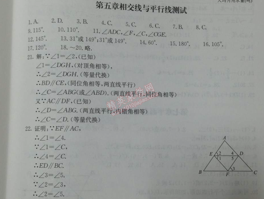 2014年学习探究诊断七年级数学下册人教版 第五章测试