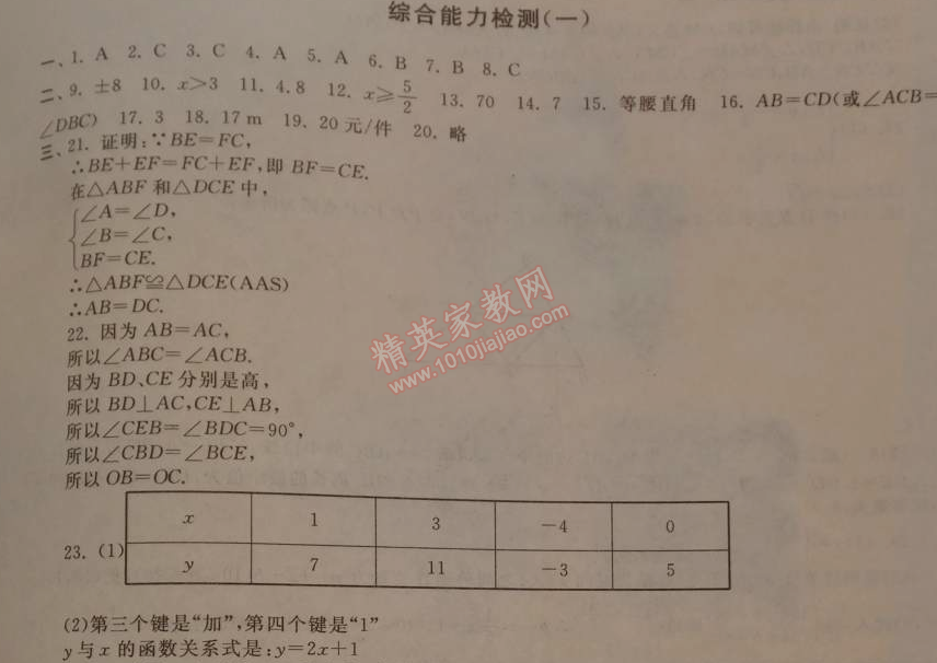 2015年期末寒假大串联八年级数学苏科版 综合能力检测1