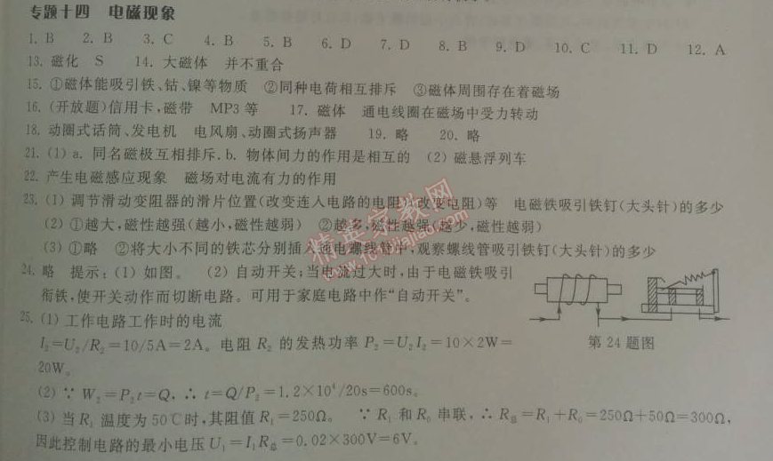 2014年長江作業(yè)本同步練習冊九年級物理下冊北師大版 專題十四