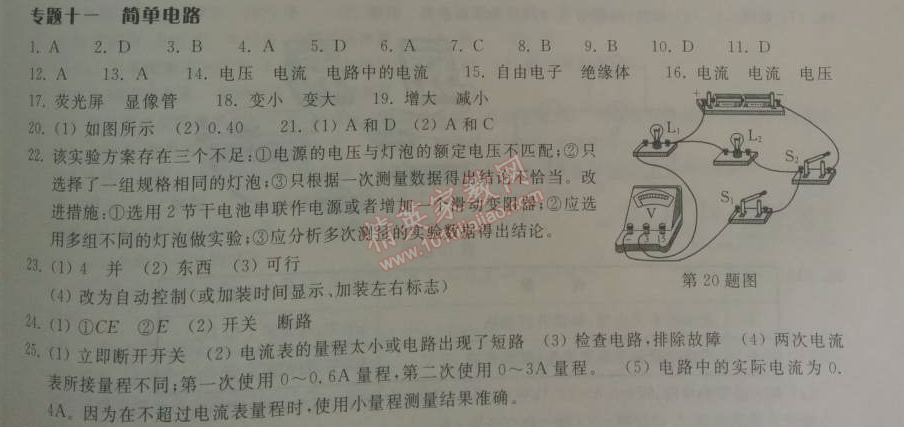 2014年長(zhǎng)江作業(yè)本同步練習(xí)冊(cè)九年級(jí)物理下冊(cè)北師大版 專題十一