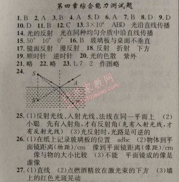 2014年原創(chuàng)新課堂八年級物理上冊人教版 第四章綜合測試題