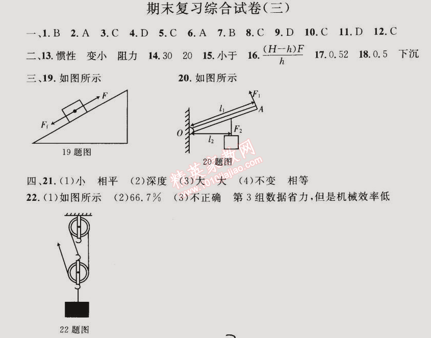 2015年同步轻松练习八年级物理下册人教版 期末复习综合试卷三