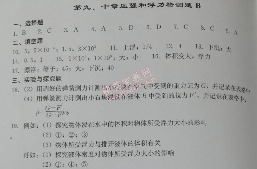 2014年学习探究诊断八年级物理下册人教版 第九十章检测题