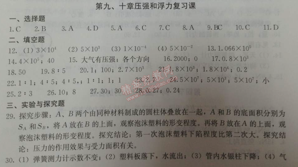 2014年學(xué)習(xí)探究診斷八年級(jí)物理下冊(cè)人教版 第九十章復(fù)習(xí)課