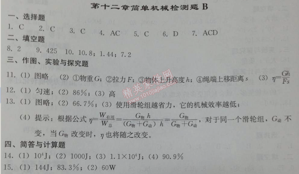 2014年學習探究診斷八年級物理下冊人教版 第十二章檢測題