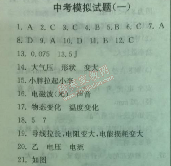 2014年實驗班提優(yōu)訓練九年級物理下冊人教版 中考模擬試卷1