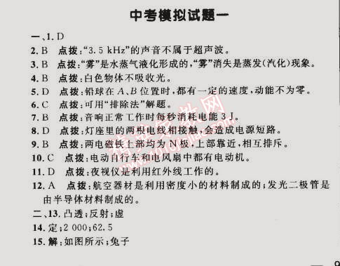 2015年綜合應用創(chuàng)新題典中點九年級物理下冊人教版 中考模擬試題一