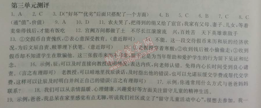 2014年长江作业本同步练习册九年级语文下册鄂教版 三单元测评