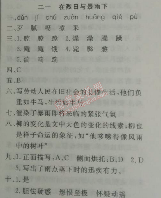 2014年鐘書(shū)金牌新教材全練九年級(jí)語(yǔ)文下冊(cè)滬教版 21、在烈日與暴雨下