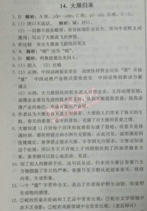 2014年1加1轻巧夺冠优化训练八年级语文下册人教版银版 14、大雁归来（利奥波德）