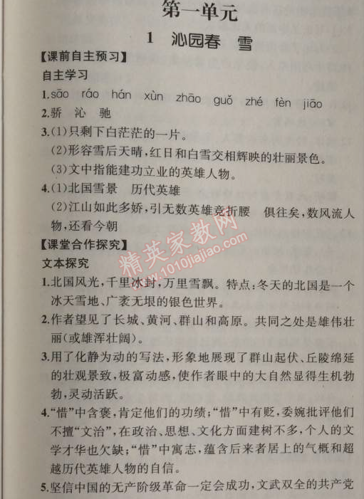 2014年同步導(dǎo)學(xué)案課時(shí)練九年級(jí)語(yǔ)文上冊(cè)人教版河北專版 1、沁園春·雪（毛澤東）