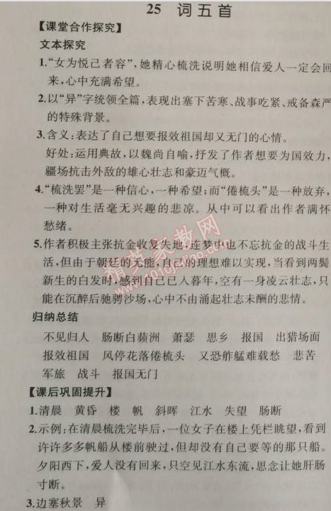 2014年同步导学案课时练九年级语文上册人教版河北专版 25、词五首