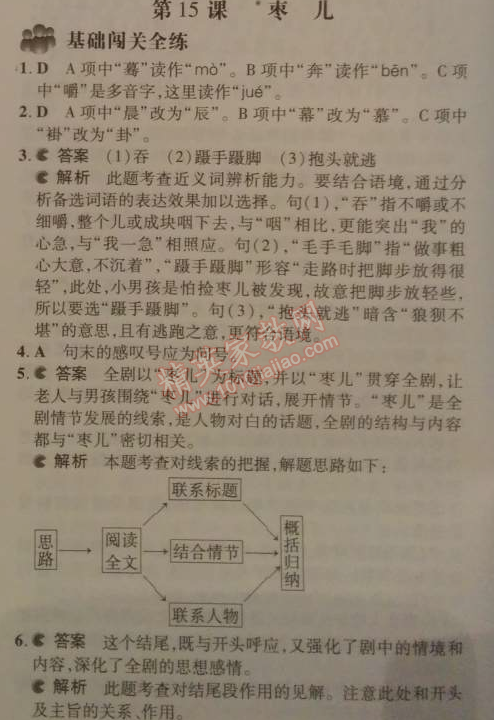 2014年5年中考3年模拟初中语文九年级下册人教版 15、枣儿（孙鸿）