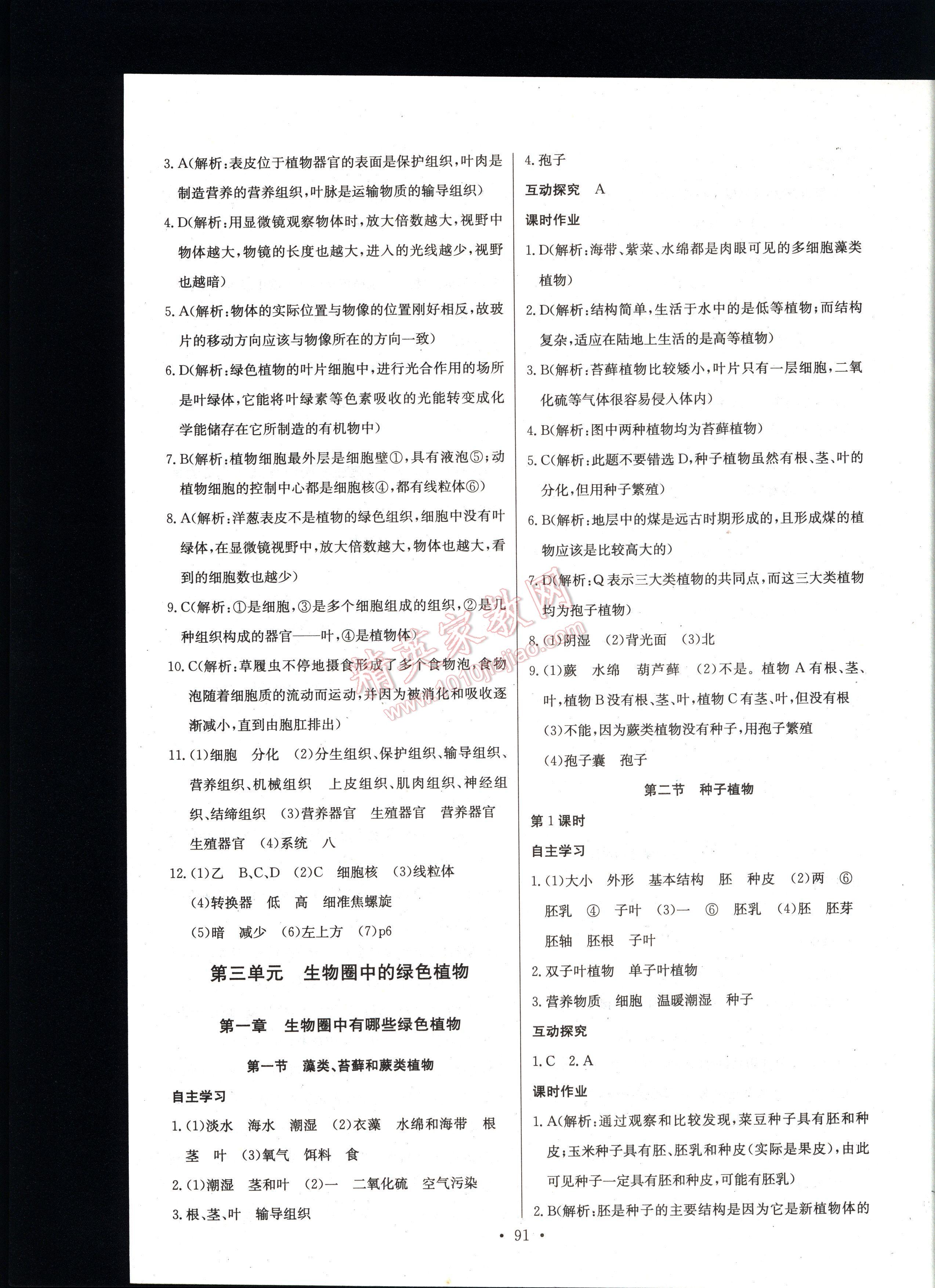 長江全能學(xué)案同步練習(xí)冊生物學(xué)七年級上冊人教版 第91頁