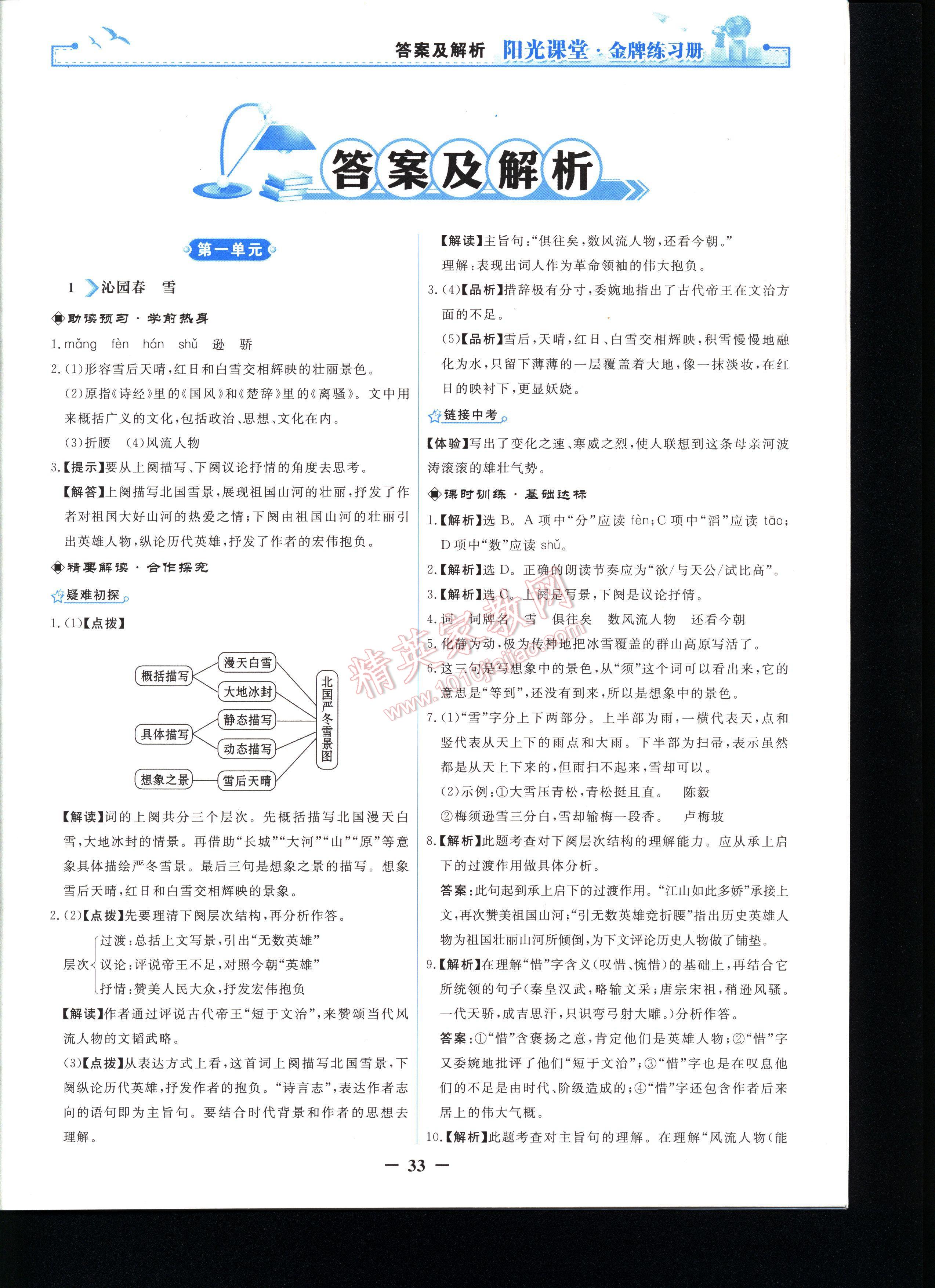 阳光课堂金牌练习册语文九年级上册人教版 第1页