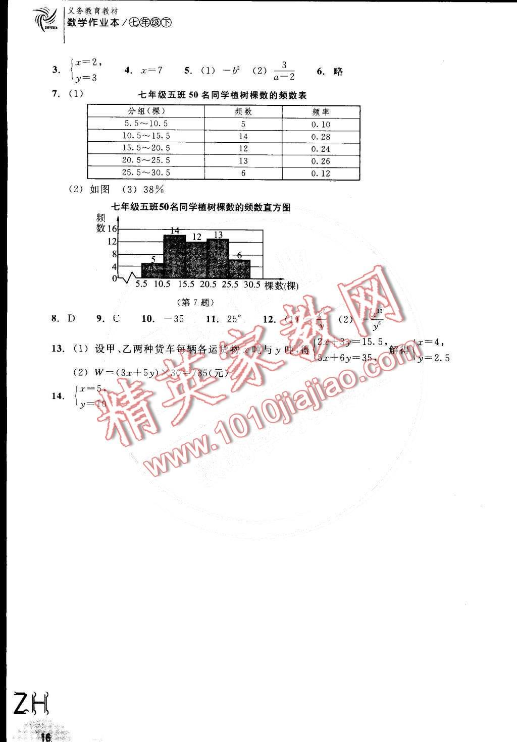 2016年作业本七年级数学下册浙教版浙江教育出版社 第16页