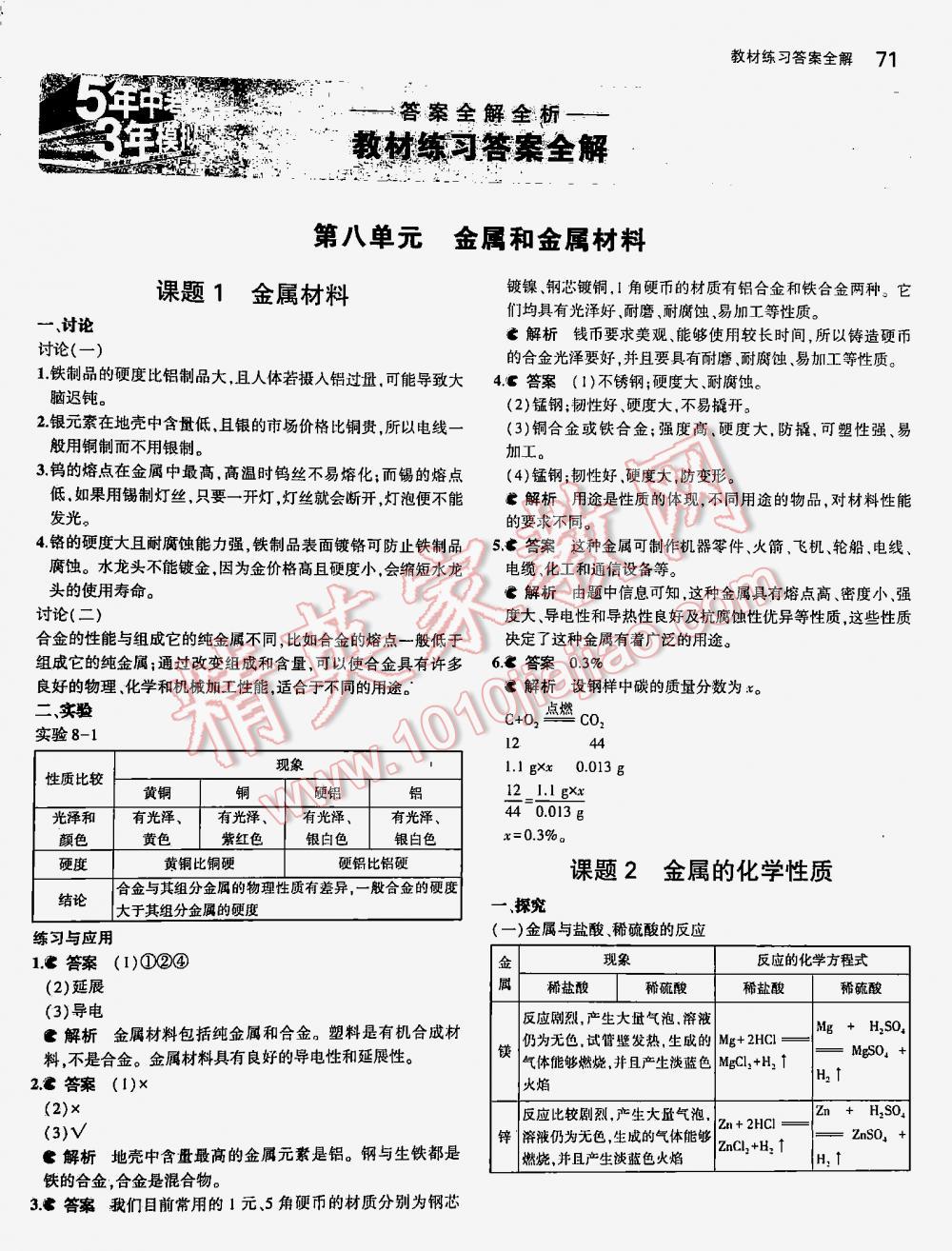 2016年5年中考3年模拟九年级初中化学下册人教版 第1页