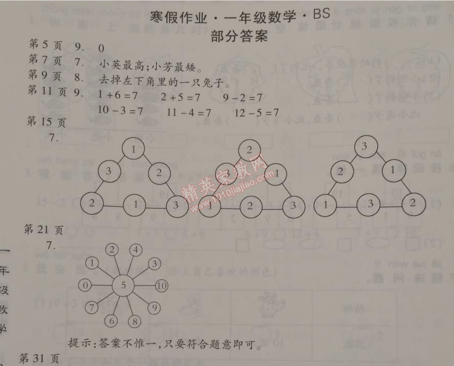 2015年智趣寒假作業(yè)一年級數(shù)學北師大版 0