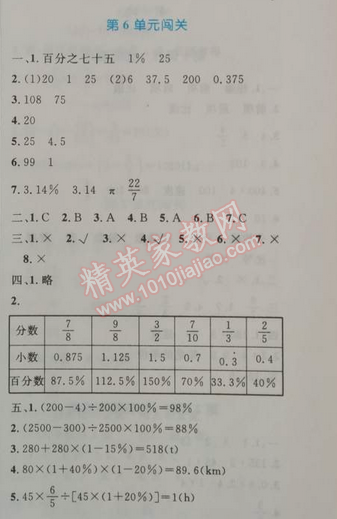 2014年小学同步测控优化设计六年级数学上册人教版 第六单元闯关