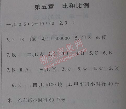 2014年第三学期暑假衔接六年级数学人教版 第五章