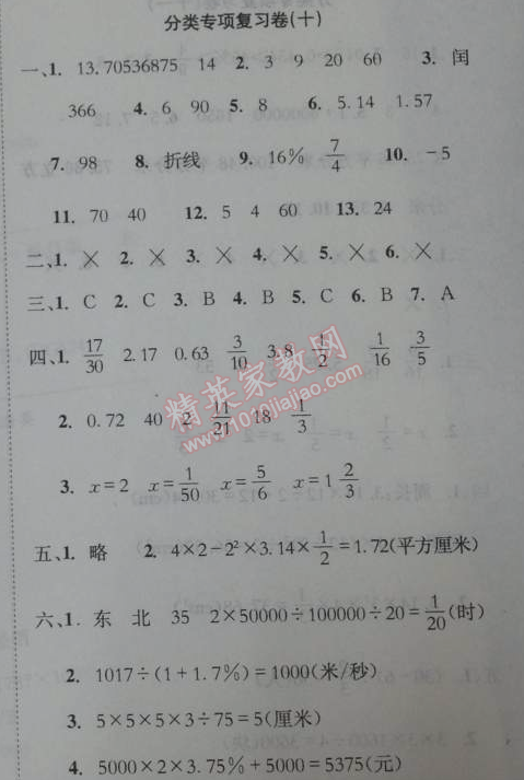 2014年黃岡小狀元達標卷六年級數(shù)學下冊北師大版 分類專項復習卷10