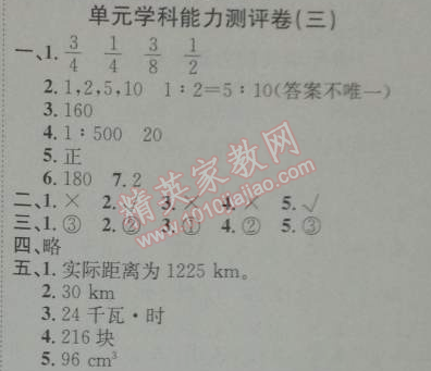 2014年能力培养与测试六年级数学下册人教版 能力测评卷三