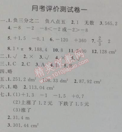 2014年小學(xué)同步測控優(yōu)化設(shè)計(jì)六年級數(shù)學(xué)下冊人教版 月考評價(jià)測試卷一