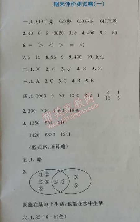 2014年小学同步测控优化设计三年级数学上册人教版 期末评价测试卷一