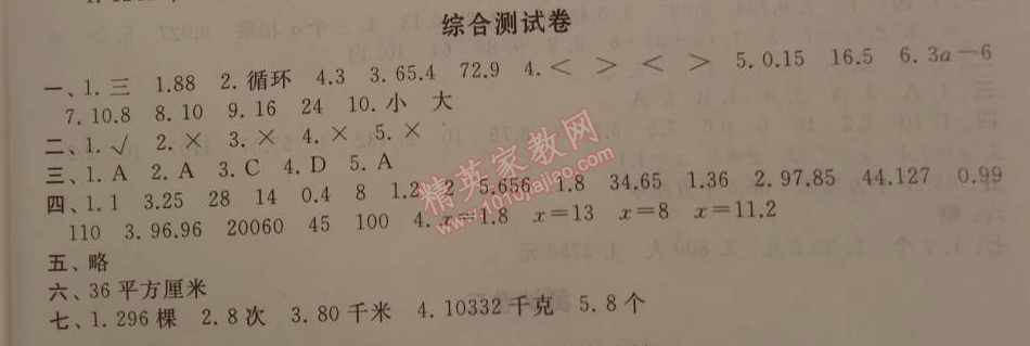 2015年寒假大串聯(lián)五年級(jí)數(shù)學(xué)人教版 綜合測(cè)試卷