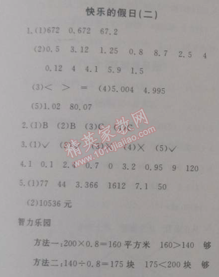 2015年寒假新天地寒假作业五年级数学人教实验版 2