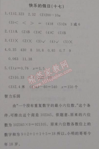 2015年寒假新天地寒假作業(yè)五年級數(shù)學人教實驗版 17