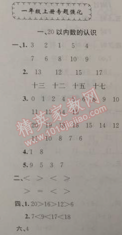 2015年期末寒假衔接快乐驿站假期作业一年级数学人教版 专题强化1