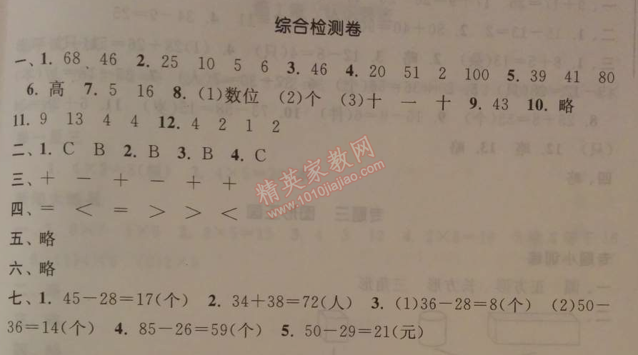 2014年暑假大串联小学版一年级数学江苏版 综合检测卷