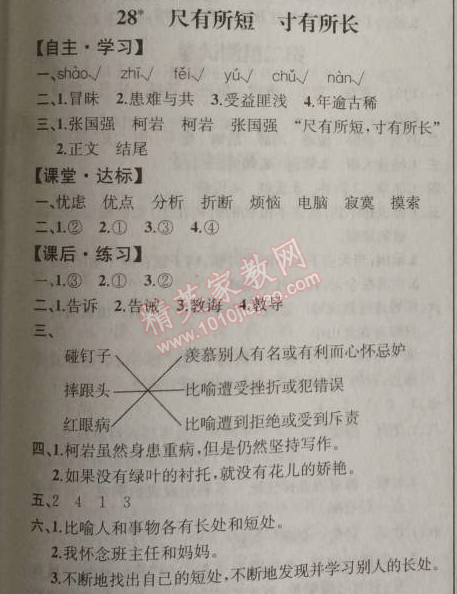 2014年同步導學案課時練四年級語文上冊人教版河北專版 28. 尺有所短 寸有所長