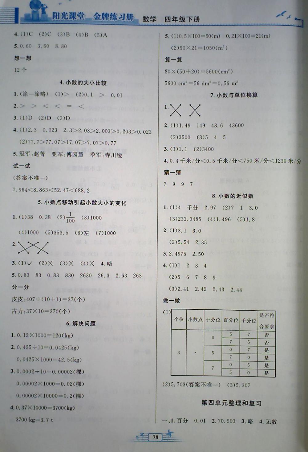 2018年阳光课堂金牌练习册四年级数学下册人教版 第4页