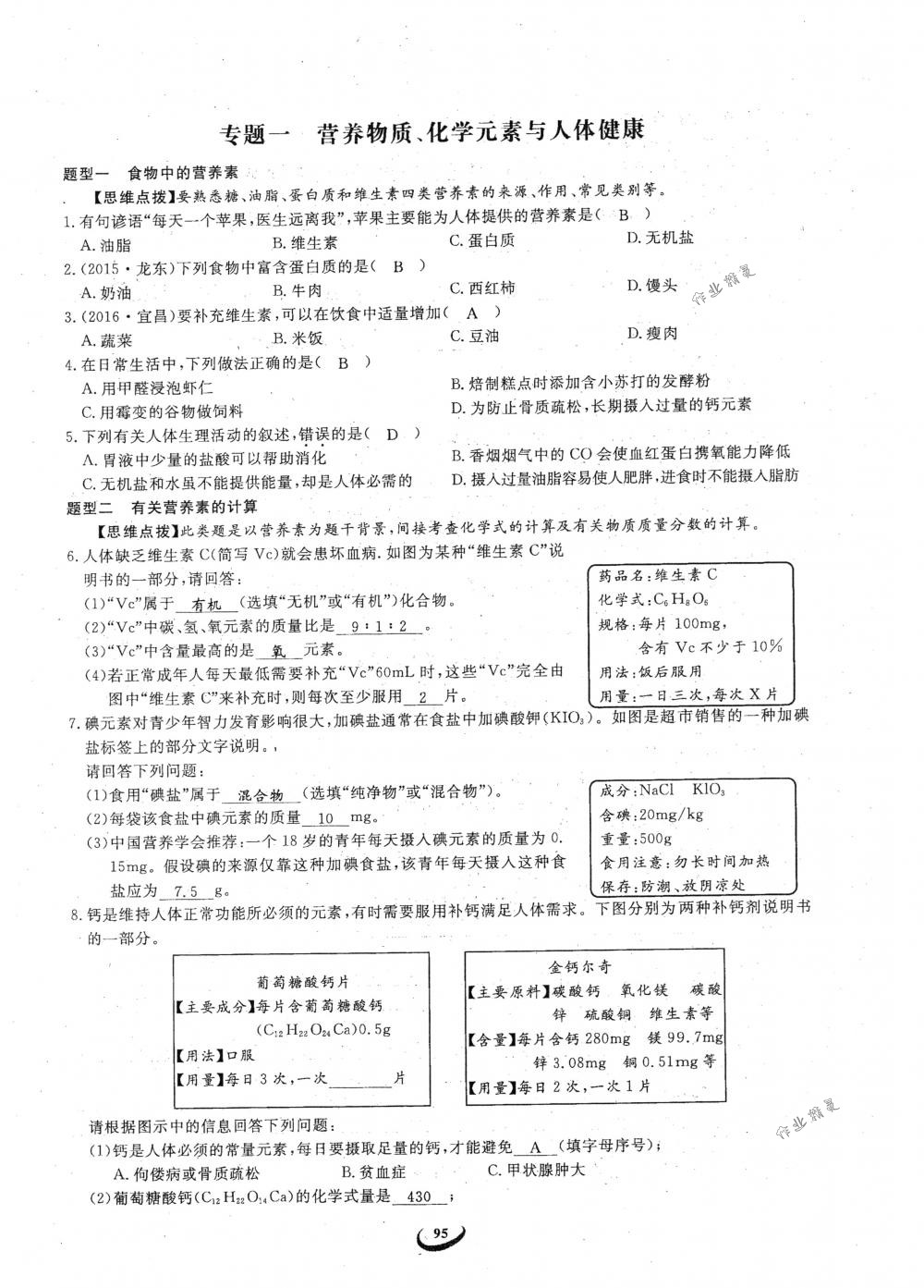 2018年思維新觀察九年級(jí)化學(xué)下冊(cè)人教版 參考答案第95頁(yè)