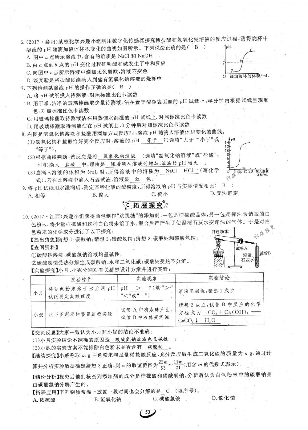 2018年思維新觀察九年級化學(xué)下冊人教版 參考答案第53頁