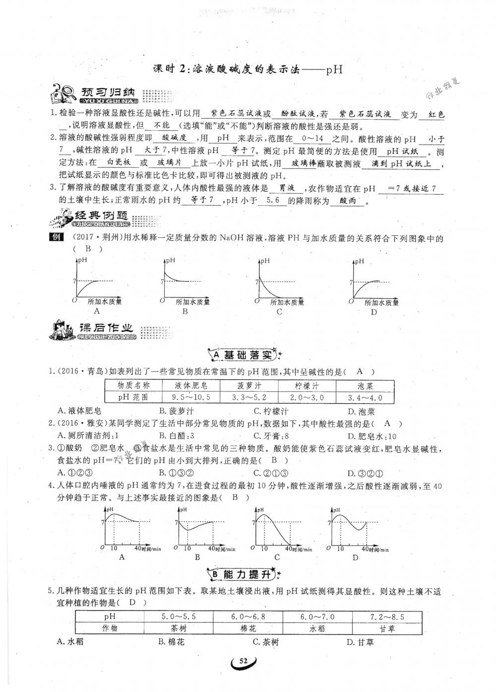 2018年思維新觀察九年級化學(xué)下冊人教版 參考答案第52頁