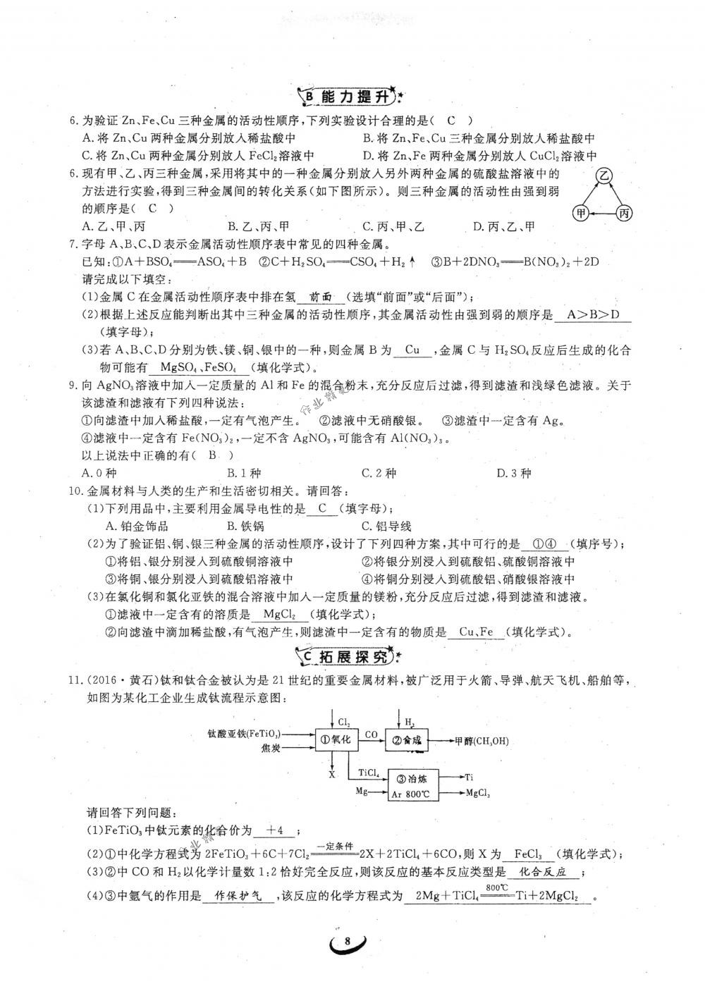 2018年思維新觀察九年級化學(xué)下冊人教版 參考答案第8頁