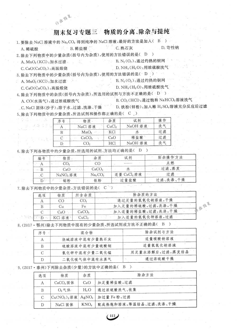 2018年思維新觀察九年級化學(xué)下冊人教版 參考答案第111頁