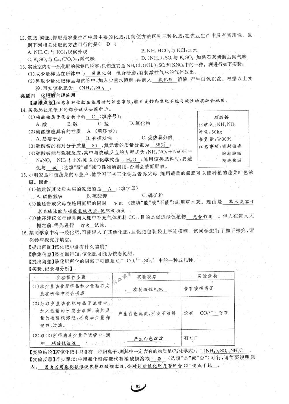 2018年思維新觀察九年級化學(xué)下冊人教版 參考答案第85頁