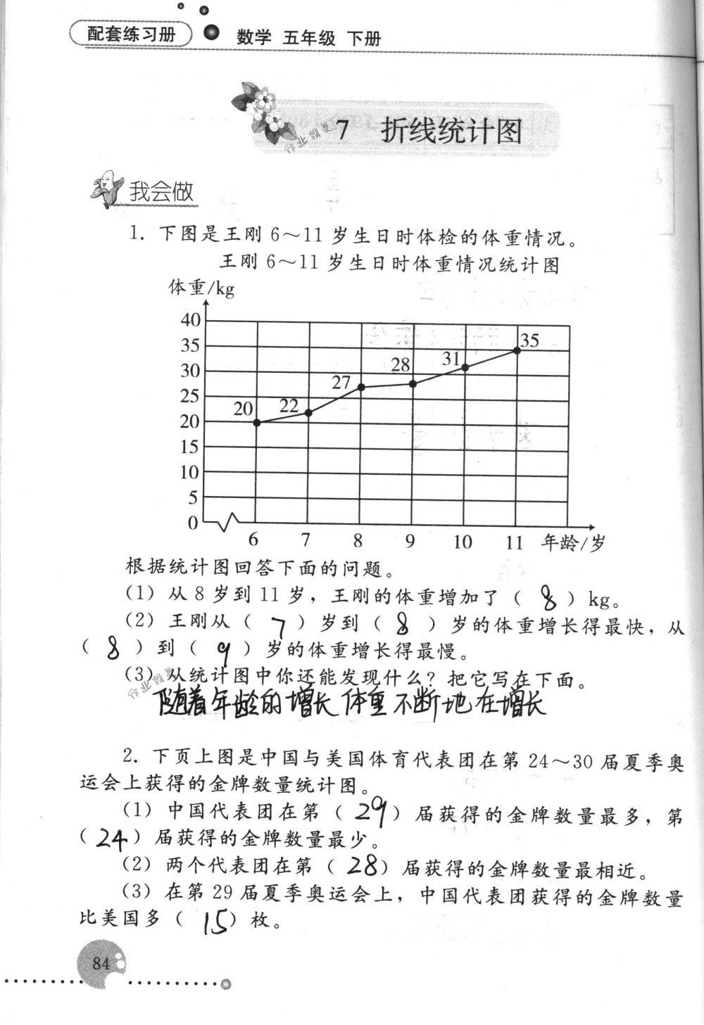 2017年配套练习册五年级数学下册人教版人民教育出版社 第84页