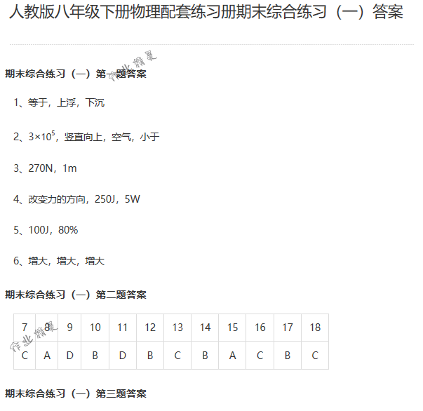 2018年配套练习册人民教育出版社八年级物理下册人教版 第84页