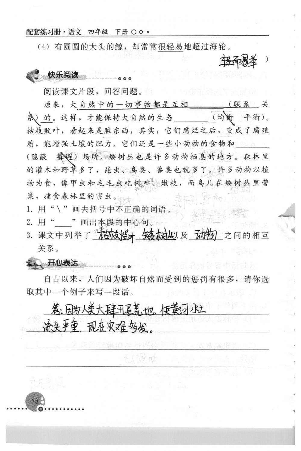 2018年配套练习册人民教育出版社四年级语文下册人教版 第38页