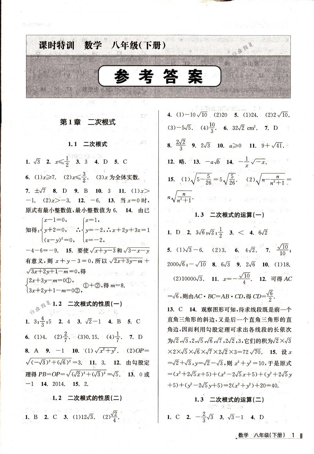 2018年浙江新課程三維目標(biāo)測評課時特訓(xùn)八年級數(shù)學(xué)下冊浙教版 第1頁