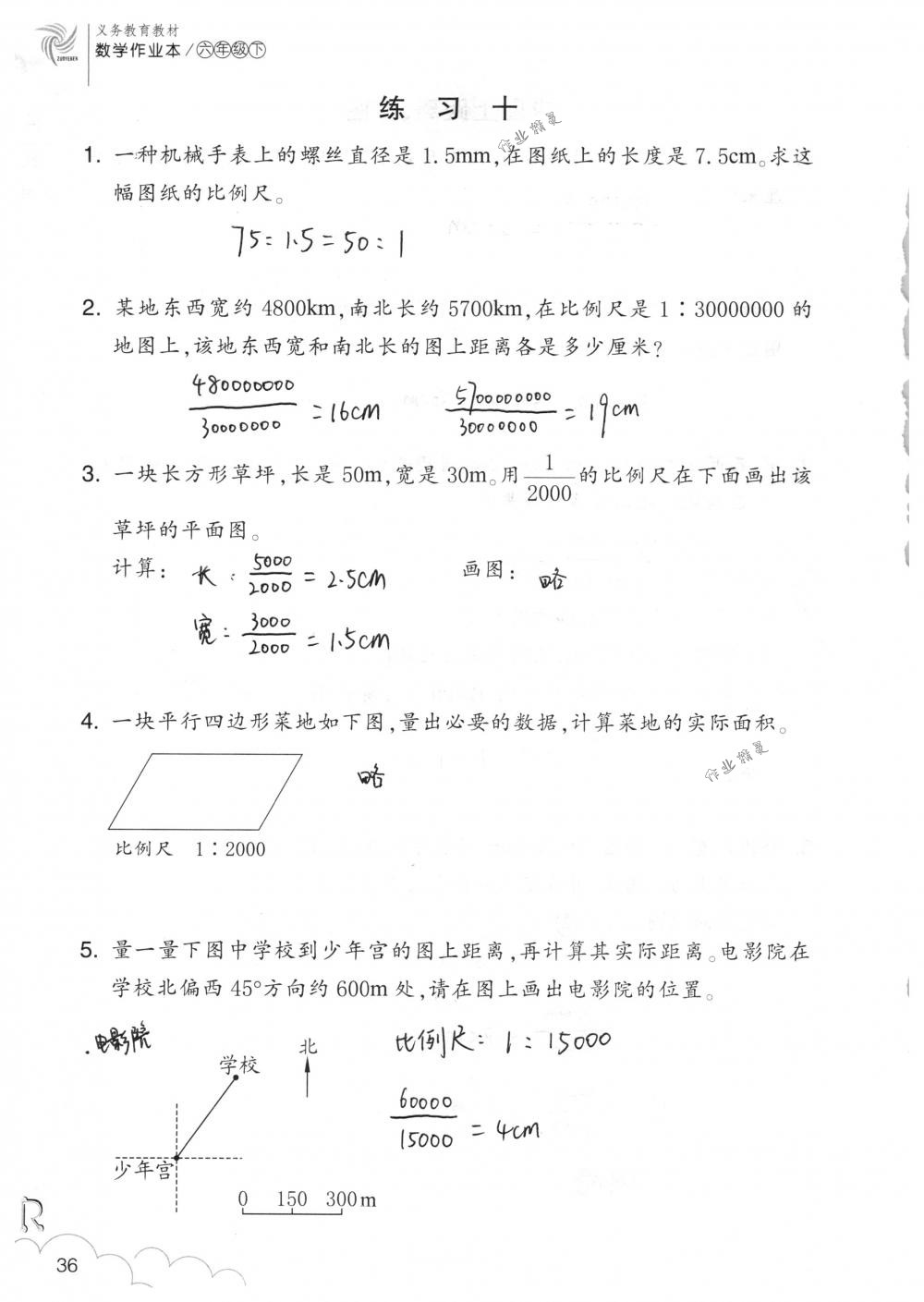 2018年数学作业本六年级下册人教版浙江教育出版社 第36页