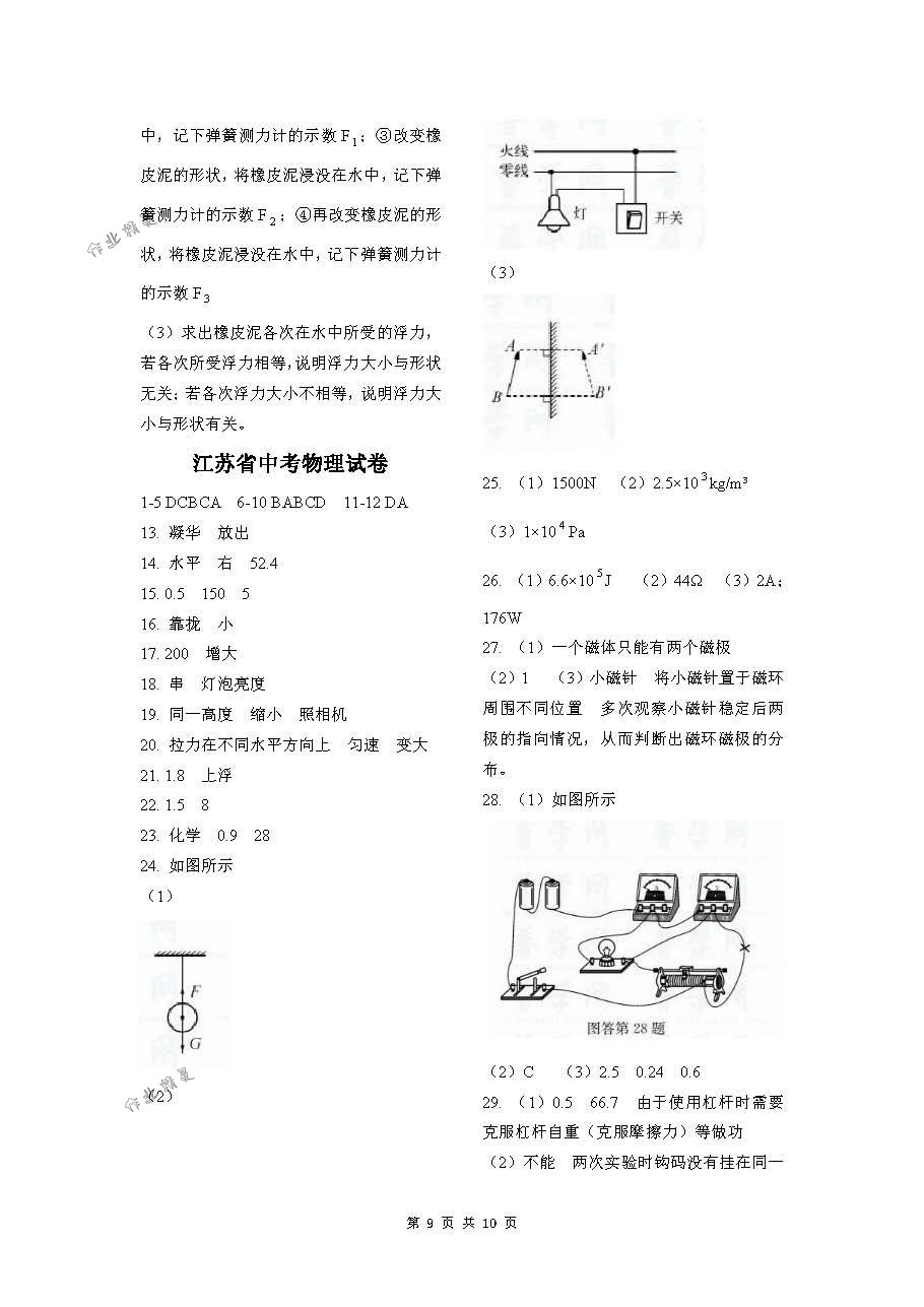 2019年补充习题九年级物理下册苏科版江苏凤凰科学技术出版社 第9页