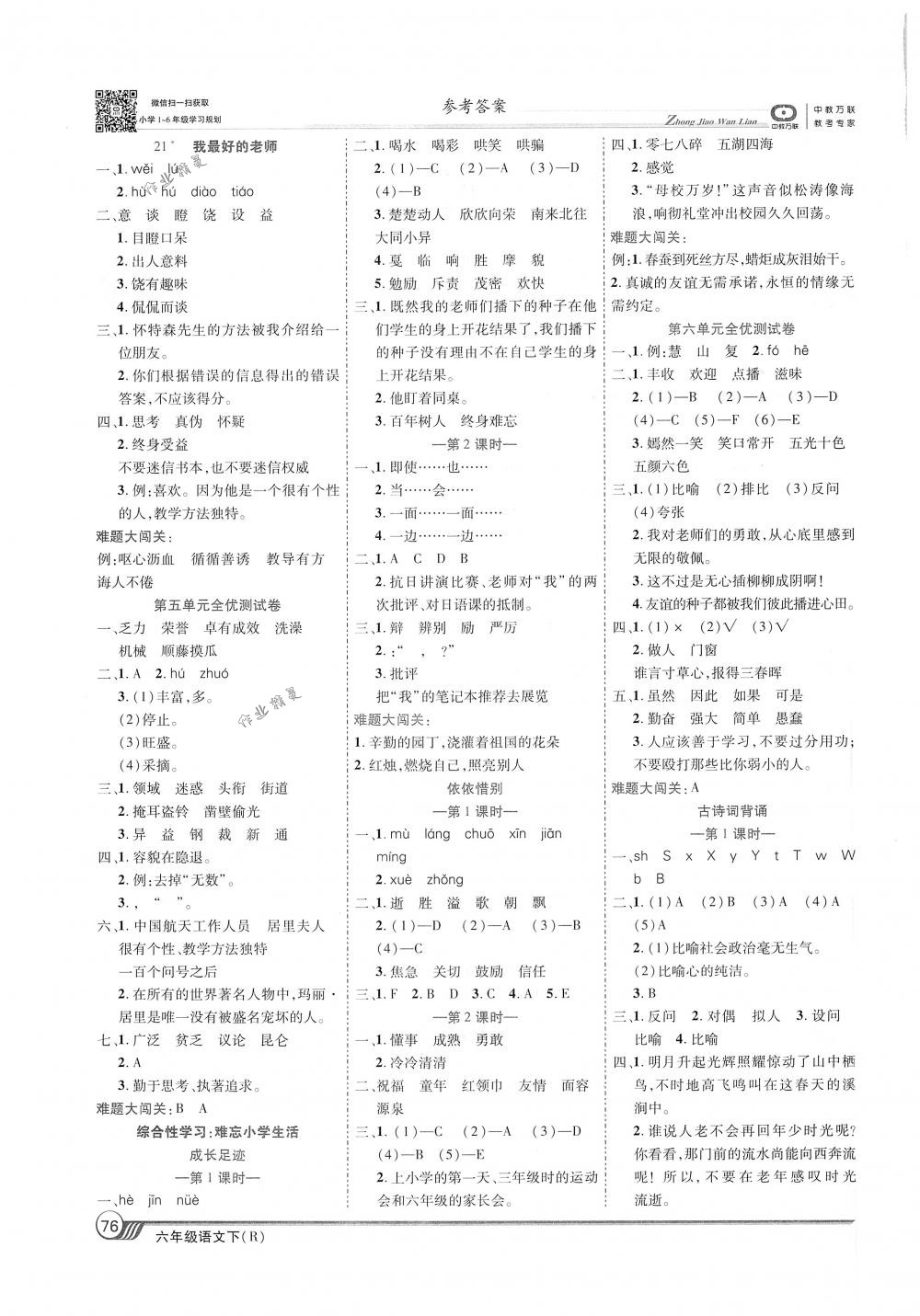 2018年全优课堂考点集训与满分备考六年级语文下册人教版 第6页